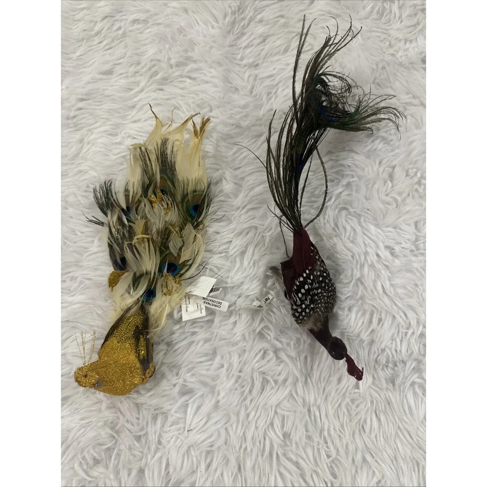Vtg Pier One Gold Peacock Clip On Ornament Embellished Feathered Vintage Lot 2